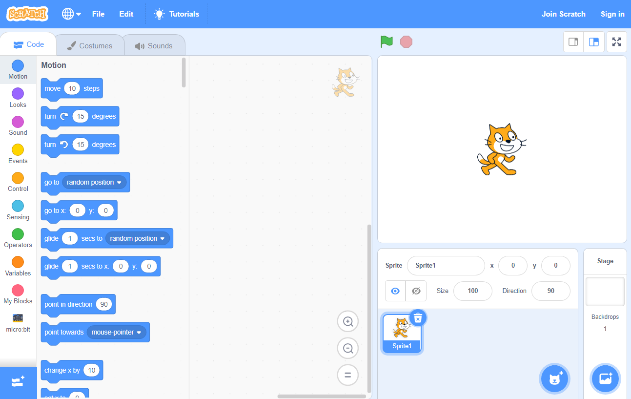 screenshot of the Scratch editor screen with microbit extension